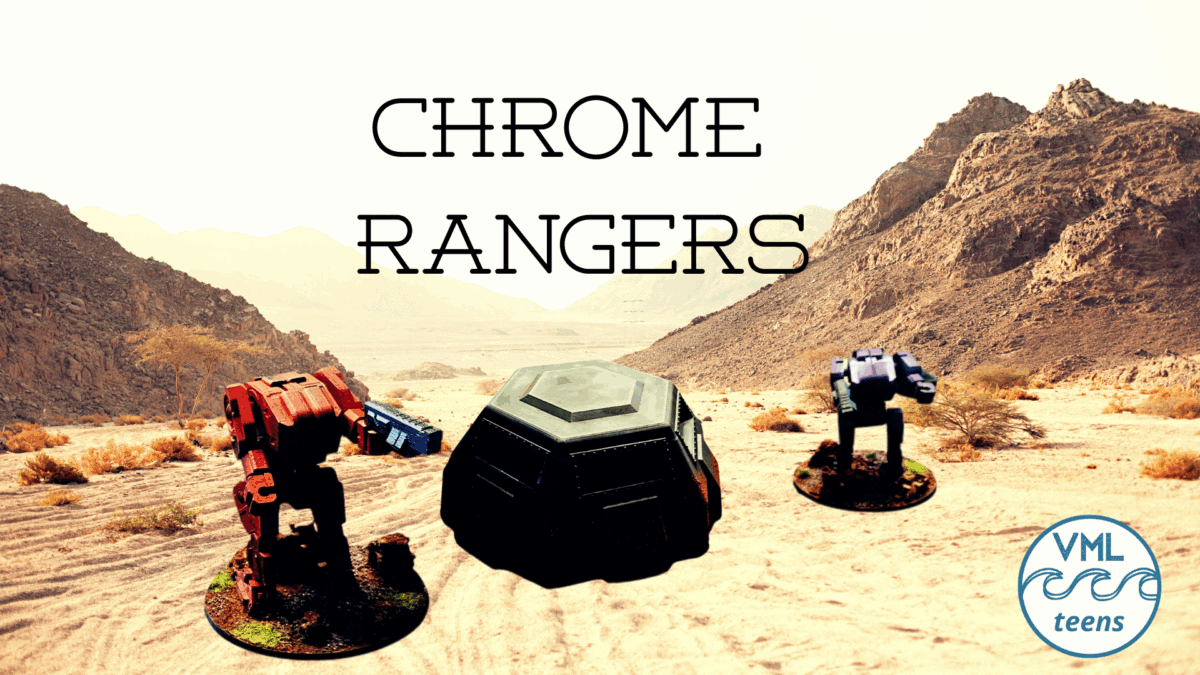 Two robot mech suits stand in a desert scene with a large bunker between them, ready to fight. 

Chrome Rangers. 