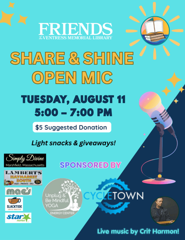 Share & Shine Open Mic. Tuesday, August 11 5:00 - 7:00 PM. $5 suggested donation. Light snacks & giveaways!